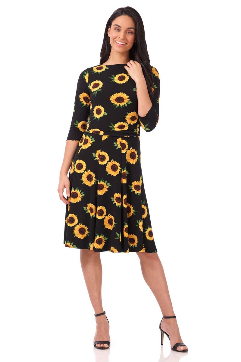 Rekucci Women's Flippy Fit N' Flare Dress with 3/4 Sleeves (12, Black/Gold Sunflowers) - Image 1
