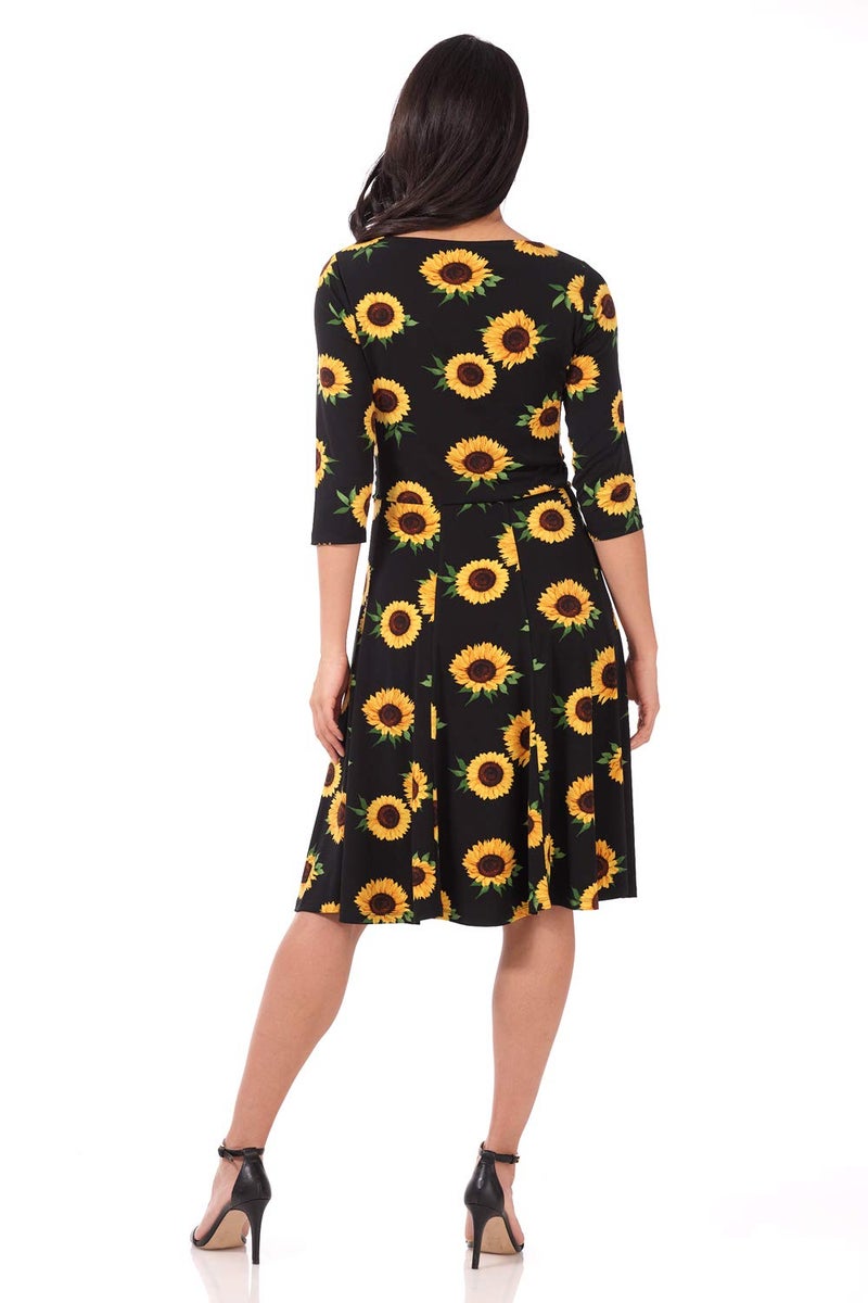 Rekucci Women's Flippy Fit N' Flare Dress with 3/4 Sleeves (12, Black/Gold Sunflowers) - Image 3