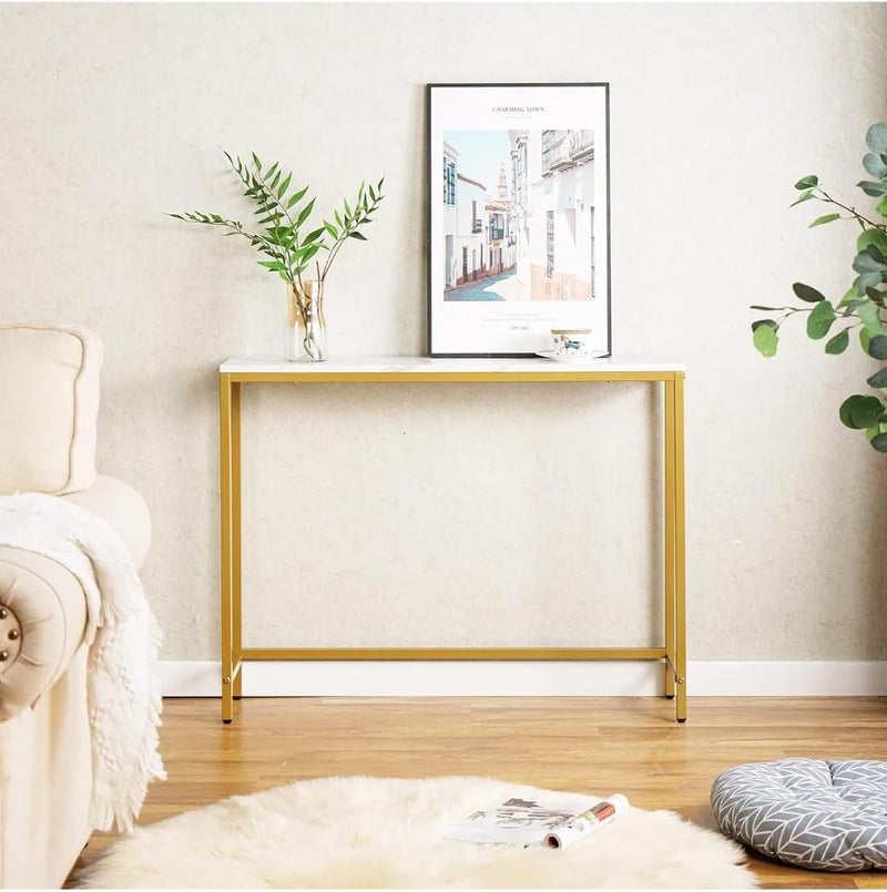 Sweet Furniture Modern Console Table with Faux Marble MDF Top and Golden Metal Frame, 97x24x75.5 cm, White Marble Finish, Rectangular Hallway Display Table for Small Spaces - Image 1