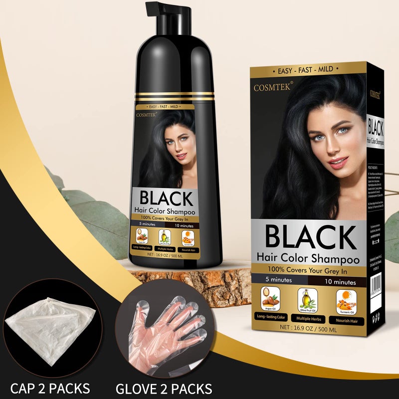 COSMTEK Black Dye Shampoo for Permanent Hair Color - Men&Women, Gray Coverage, Beard & Treated Hair, 3-In-1, 30 Days/500ml/Ammonia-Free/Natural Herbal - Image 3