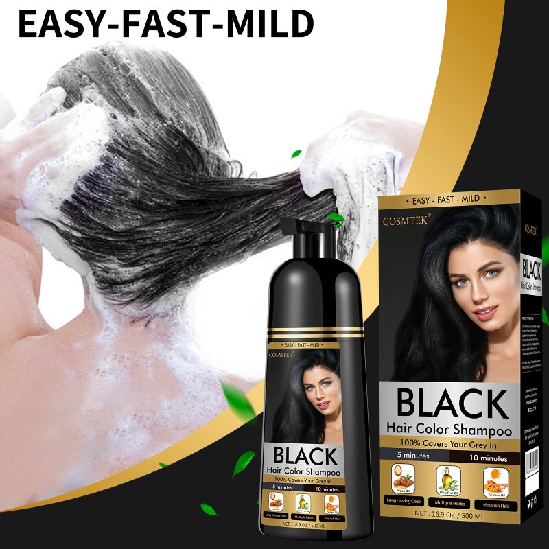 COSMTEK Black Dye Shampoo for Permanent Hair Color - Men&Women, Gray Coverage, Beard & Treated Hair, 3-In-1, 30 Days/500ml/Ammonia-Free/Natural Herbal - Image 2