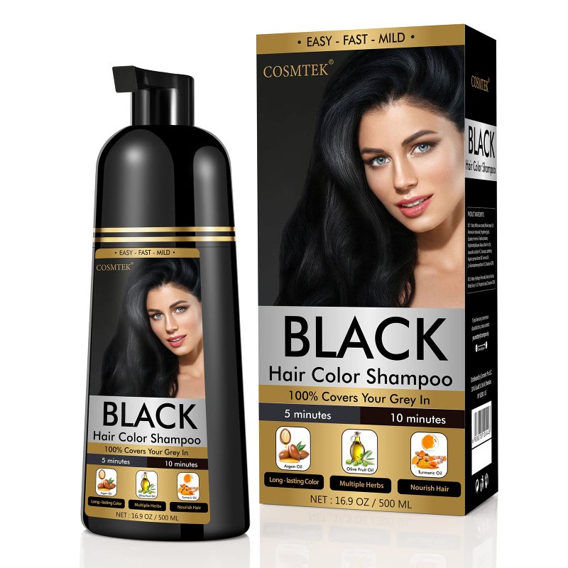 COSMTEK Black Dye Shampoo for Permanent Hair Color - Men&Women, Gray Coverage, Beard & Treated Hair, 3-In-1, 30 Days/500ml/Ammonia-Free/Natural Herbal - Image 1