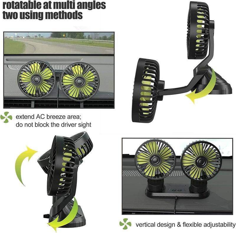 padom 5V Dual-Head Car Fan, Portable Vehicle Fan Vehicle Mounted USB Fan Electric Fan 360 Degree Rotation Auto Cooling Car Fan Desk Fan with 3 Speed Strong Wind for Car Dashboard Home Office, black - Image 3