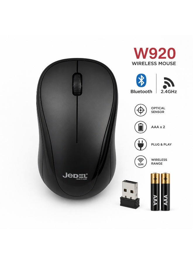 Wireless mouse for office, home, and study use featuring a stable 2.4GHz connection; comfortable and quiet design with 3 adjustable DPI levels (800/1200/1600); powered by two AAA batteries; compatible with Windows, Mac, iOS, Android, and Linux.