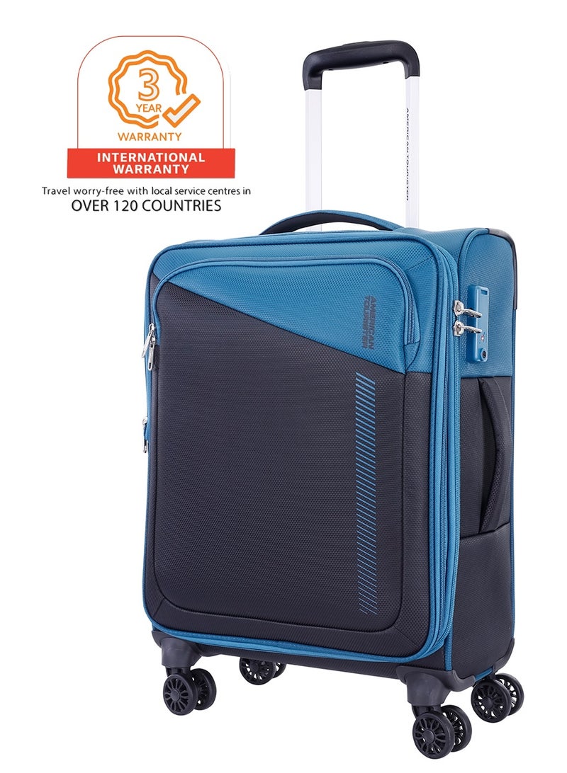 AMERICAN TOURISTER Dashway Suitcase, Cabin Size 58 cm / 20 inch, 4 Wheels, Soft Top, Polyester, Corsair Blue / Black|TSA Lock|Expandable|Inner Mesh Zippered Pocket|DuoSaf™ Security Zipper|Front Storage - 3 Years International Warranty - Image 1