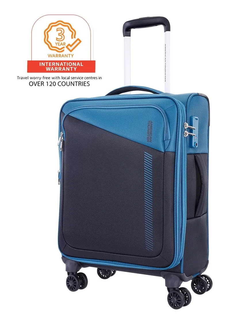 American Tourister dashway suitcase, cabin size 58 cm / 20 inch, 4 wheels, soft top, polyester, corsair blue / black|tsa lock|expandable|inner mesh zippered pocket|duosaf™ security zipper|front storage - 3 years international warranty