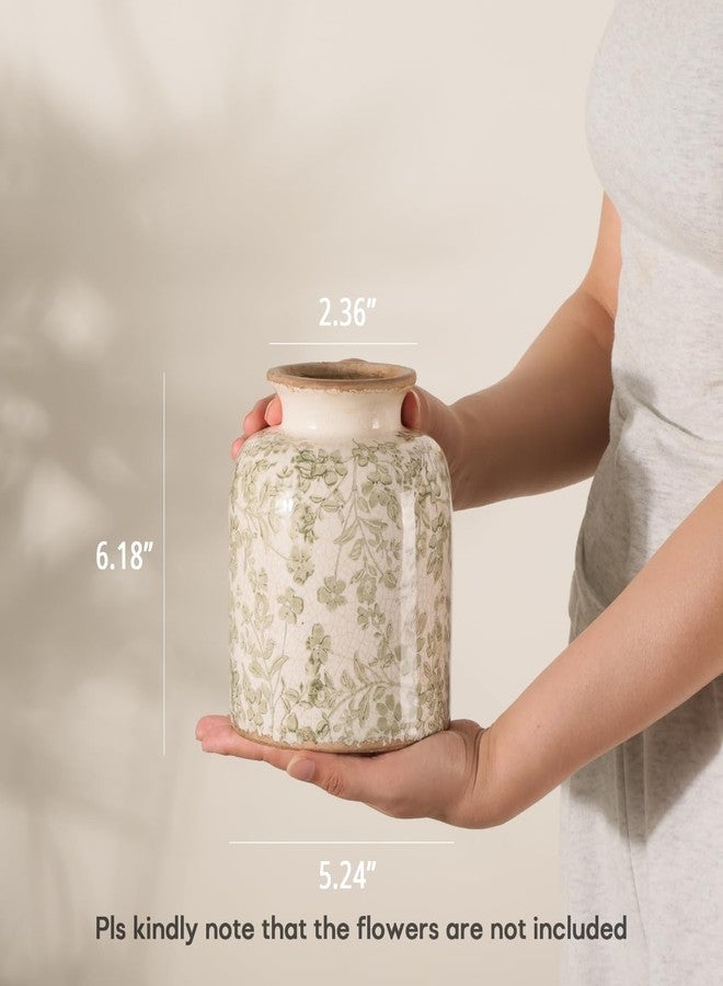 Ronasip Vintage Floral Chinoiserie Ceramic Vase, 6.2” Ice Cracked Hand-Painted Pastel Green Botanical Design, Antique Style Home Decor (Green, 6.2”) - Image 5