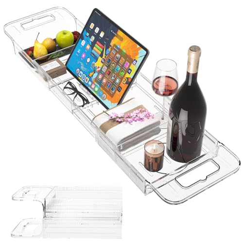 Resze Premium Clear Bathtub Caddy Tray Expandable Plastic Bath Tray with BPAFree Waterproof Foldable Bathtub Shelf Perfect for a New Home Mothers Day a Birthday Gift for Mom
