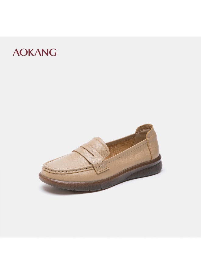 Aokang Women's Autumn New Soft Sole Slip-on Loafers For Middle-aged Moms, Flat Leather Shoes, Apricot Color, Size 36 - Image 1