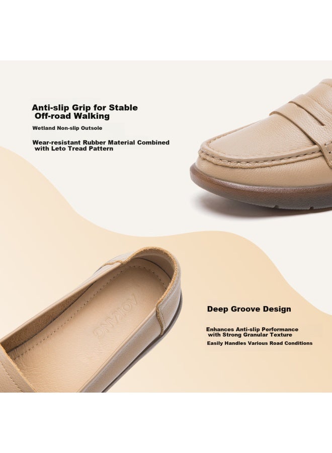 Aokang Women's Autumn New Soft Sole Slip-on Loafers For Middle-aged Moms, Flat Leather Shoes, Apricot Color, Size 36 - Image 3