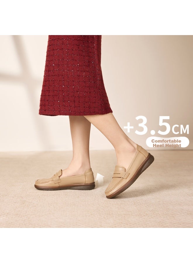 Aokang Women's Autumn New Soft Sole Slip-on Loafers For Middle-aged Moms, Flat Leather Shoes, Apricot Color, Size 36 - Image 2