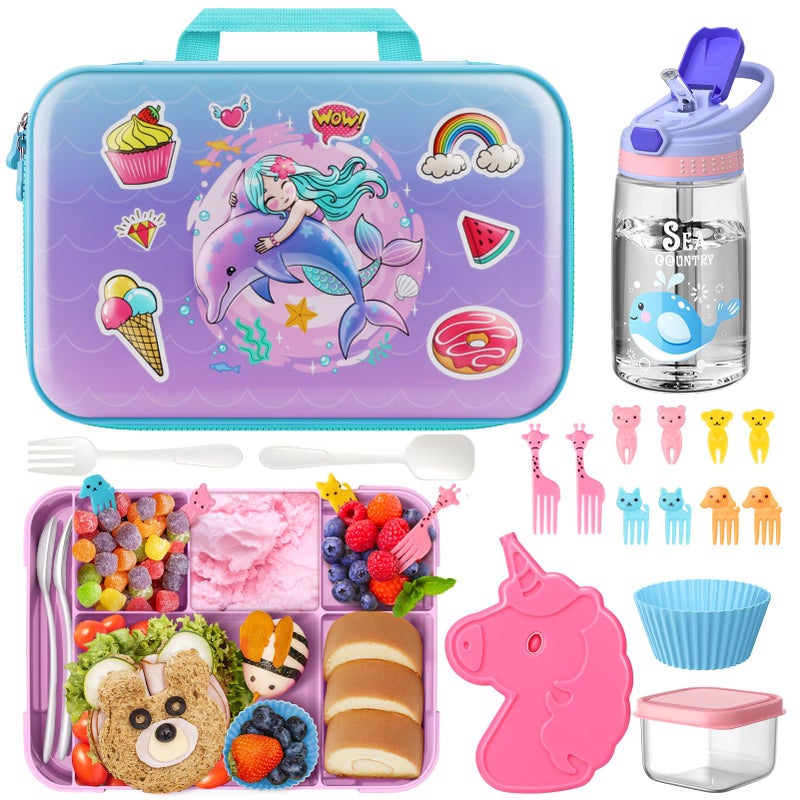 WayEee Lunch Bag Bento Lunch Box Set for Girls  Insulated Lunch Bag with 5 Compartment Bento Box Water Bottle Ice Pack Silicon Cap Salad Container for Kids Back to School Picnic and Travel