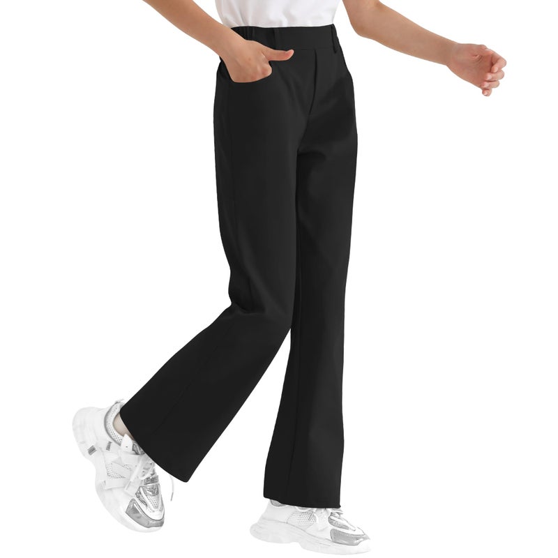 Dreammonkey Girls Flare Dress Pants Kids Bootcut School Uniform Slacks with Half Elastic Waist Size 6-15 Years, Black, 14-15 Years - Image 1