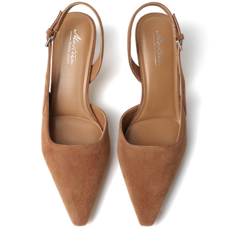 Mostrin Brown Suede Kitten Slingback Heels for Women Low Pointed Closed Toe Heels Women's Pumps Shoes Dressy for Office Work Party Size 8 - Image 4