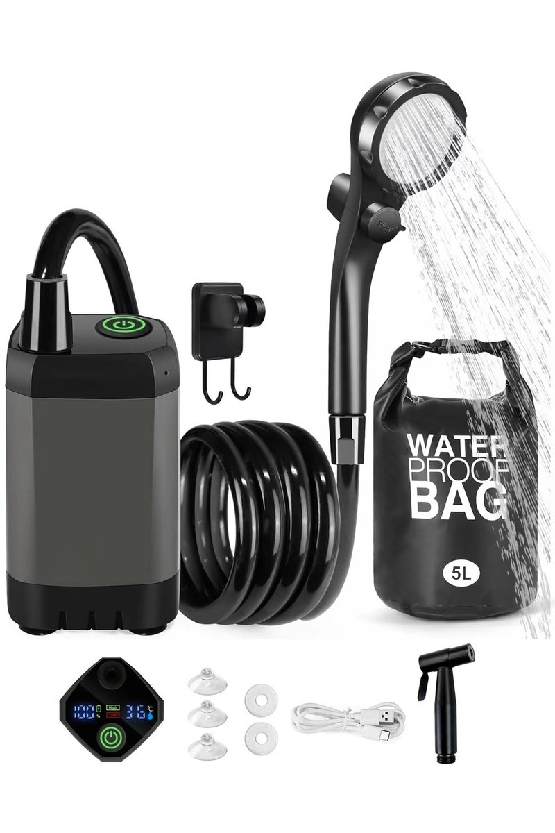 أكثر حظا رأس دش كهربائي محمول مع رشاش دش. رشاش محمول متعدد الوظائف، قابل لإعادة الشحن عبر منفذ USB-C، مزود ببيديه سفر محمول، بسعة 5 لترات، قابل للطي. مزود بشاشة عرض لدرجة حرارة الماء وتذكير بانخفاض مستوى البطارية، مناسب للتخييم في الهواء الطلق. شطاف سفر. - Image 1