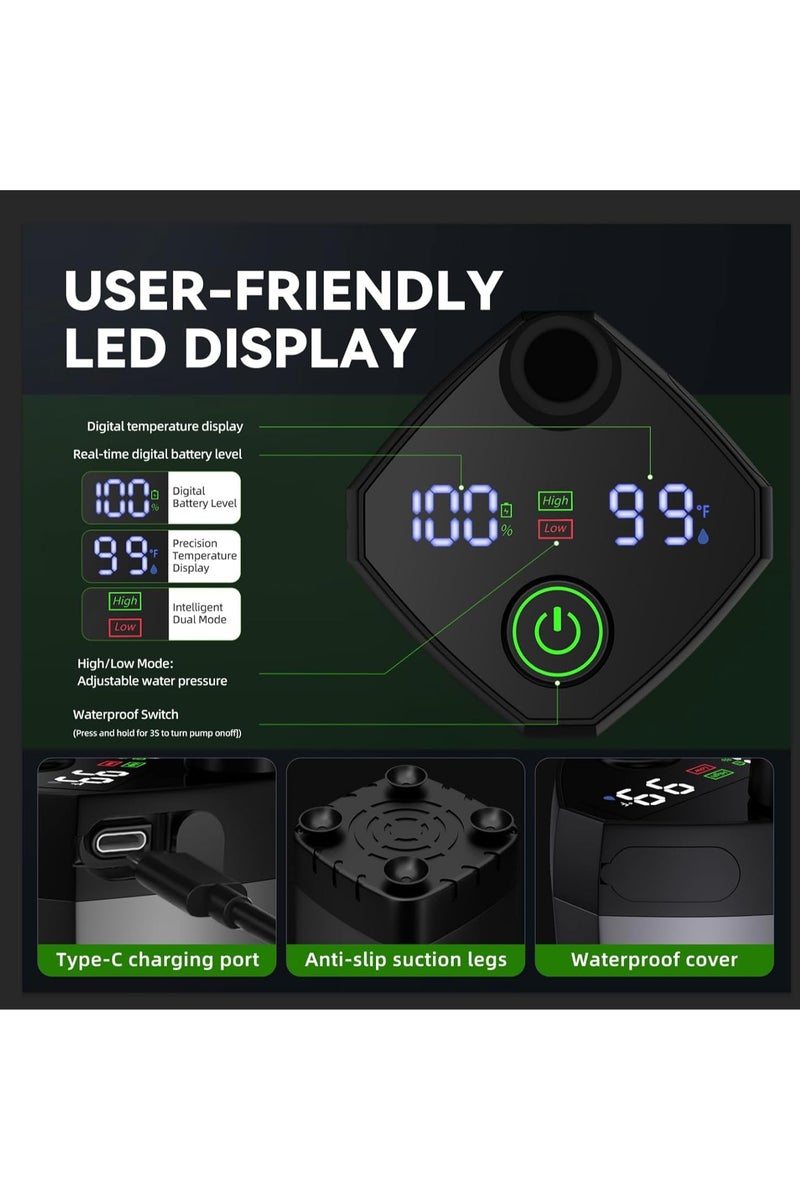 أكثر حظا رأس دش كهربائي محمول مع رشاش دش. رشاش محمول متعدد الوظائف، قابل لإعادة الشحن عبر منفذ USB-C، مزود ببيديه سفر محمول، بسعة 5 لترات، قابل للطي. مزود بشاشة عرض لدرجة حرارة الماء وتذكير بانخفاض مستوى البطارية، مناسب للتخييم في الهواء الطلق. شطاف سفر. - Image 3