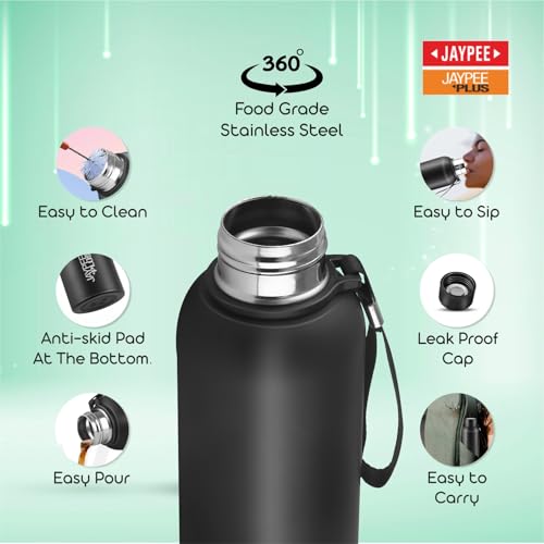 Jaypee Plus Vogue Stainless Steel Double Wall Thermosteel 650 ml Water Bottle ISI Certified Vaccum Insulated 24 hr Hot and Cold Water Bottle|Anti Skid Leakproof Bottle Office, Gym,Trekking,Black - Image 2