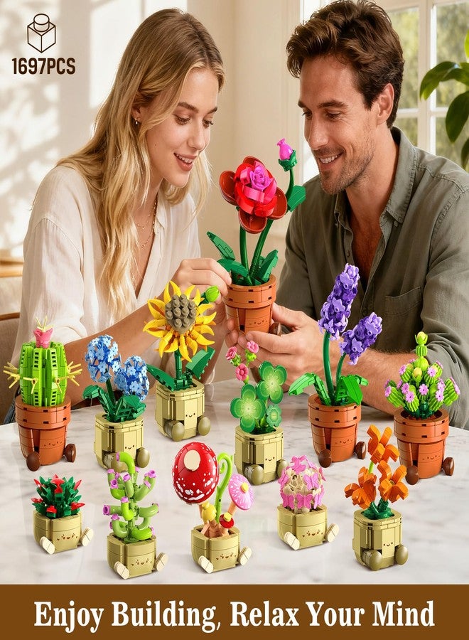 CUBIMANA مجموعة بناء صغيرة من كيوبيمانا تضم 12 زهرة ونباتًا بتصميمات مرحة، تشكيلة نباتية مع أواني زراعة على شكل وجوه وأرجل لطيفة، تصميمات زهور نابضة بالحياة مع مكعبات 3.6 مم، هدية مثالية لتزيين المكتب للنساء والبالغين والمراهقين من عمر 12 عامًا فما فوق. - Image 2