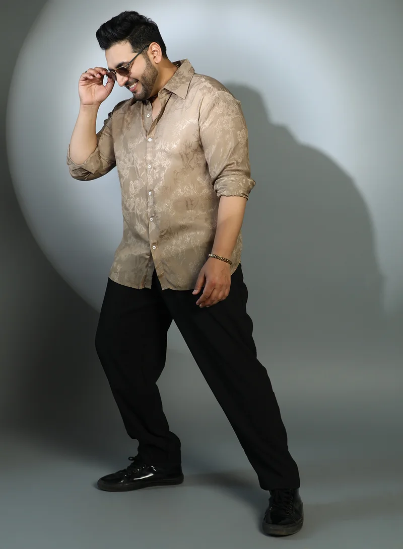 Instafab Plus  Instafab Plus Men's Peanut Brown Flora-Textured Shirt For Casual Wear | Spread Collar | Long Cuffed Sleeves | Button Closure | Plus Size Shirt Crafted With Comfort Fit For Everyday Wear for Men | Best Price UAE