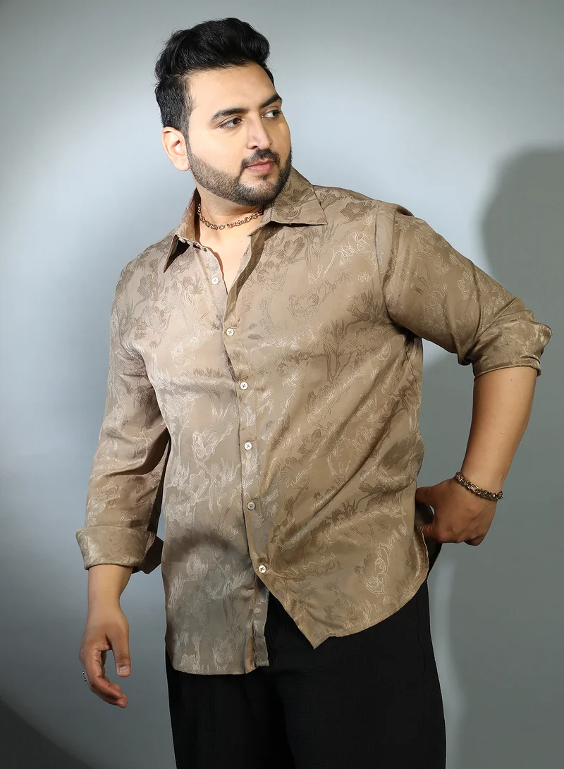 Instafab Plus  Instafab Plus Men's Peanut Brown Flora-Textured Shirt For Casual Wear | Spread Collar | Long Cuffed Sleeves | Button Closure | Plus Size Shirt Crafted With Comfort Fit For Everyday Wear for Men | Best Price UAE