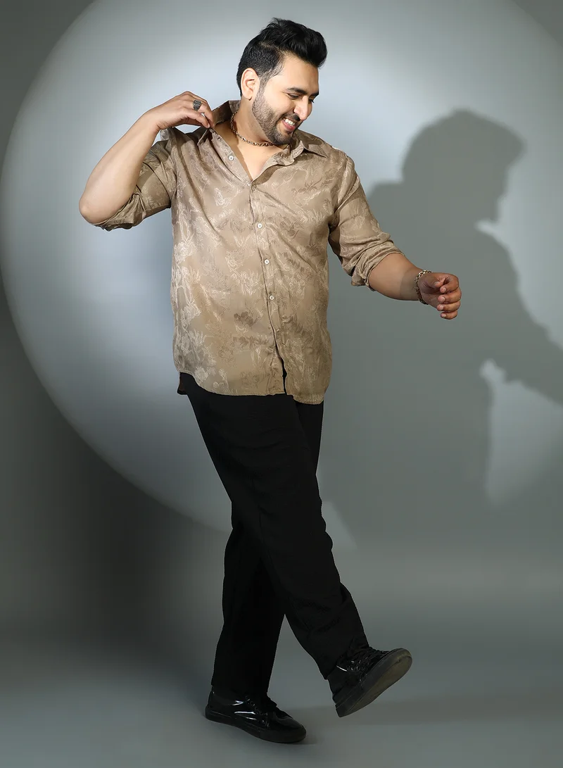 Instafab Plus  Instafab Plus Men's Peanut Brown Flora-Textured Shirt For Casual Wear | Spread Collar | Long Cuffed Sleeves | Button Closure | Plus Size Shirt Crafted With Comfort Fit For Everyday Wear for Men | Best Price UAE