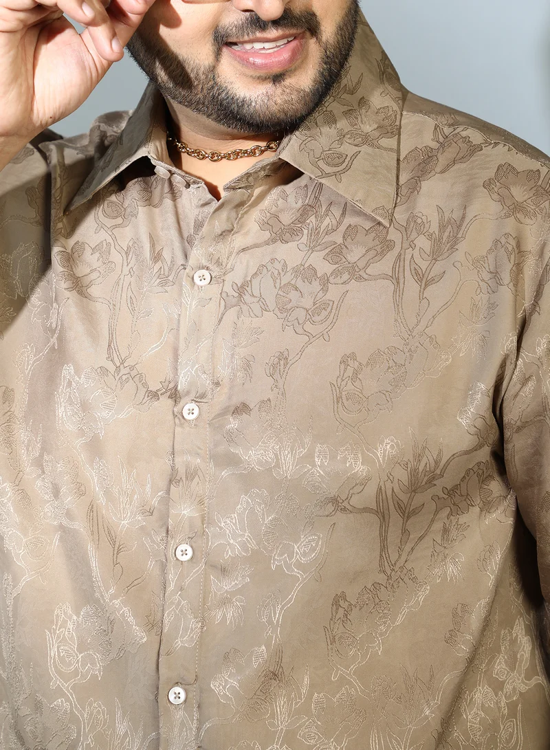 Instafab Plus  Instafab Plus Men's Peanut Brown Flora-Textured Shirt For Casual Wear | Spread Collar | Long Cuffed Sleeves | Button Closure | Plus Size Shirt Crafted With Comfort Fit For Everyday Wear for Men | Best Price UAE