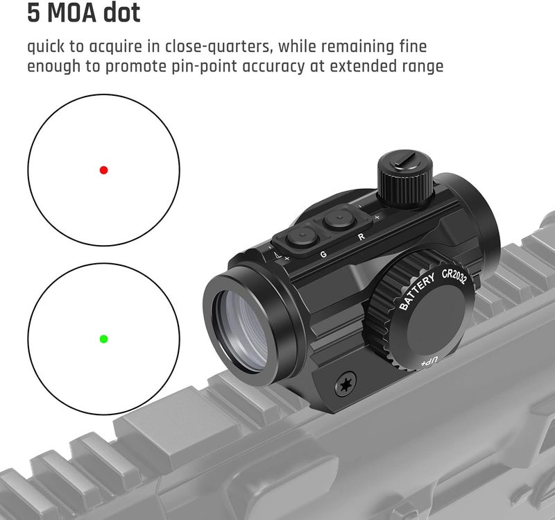 Feyachi RDS-36 1x22mm 5 MOA نقطة حمراء وخضراء ونطاق نقطة حمراء وخضراء مع قاعدة رفع بارتفاع 0.83" - Image 3