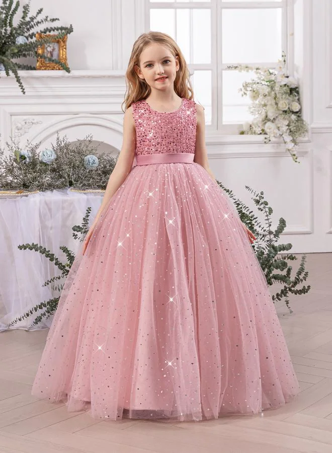 Take Two Girl Sequin Bow Detail Mesh Maxi Party Dress