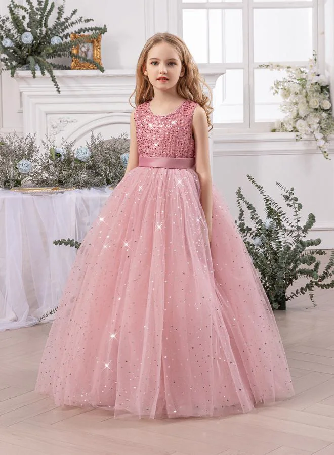 Take Two Girl Sequin Bow Detail Mesh Maxi Party Dress