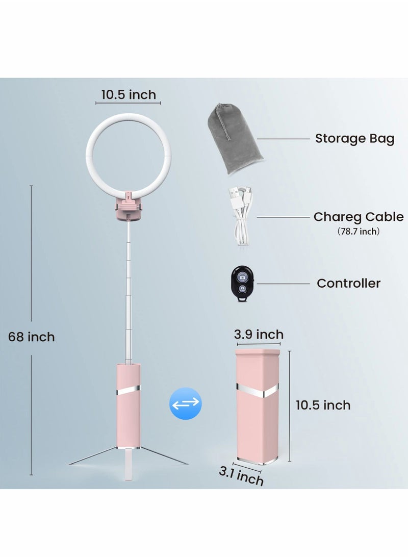 Y&D - Foldable Portable Travel Selfie Ring Light, 10” Rechargeable Cordless 4000mAh Battery, 79” Tripod Stand Light for Selfie, Live Stream, Pink - Image 1