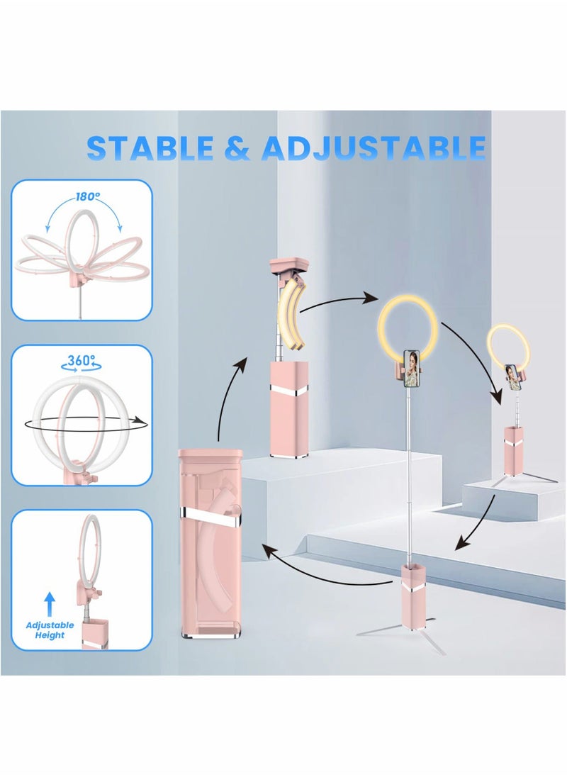 Y&D - Foldable Portable Travel Selfie Ring Light, 10” Rechargeable Cordless 4000mAh Battery, 79” Tripod Stand Light for Selfie, Live Stream, Pink - Image 1