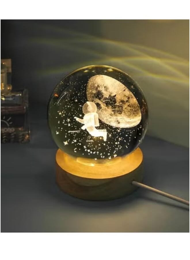 3D Crystal Ball LED Glass Night Light with Wooden Base Decor for Home Office Birthday Gift (Astronaut Shape)