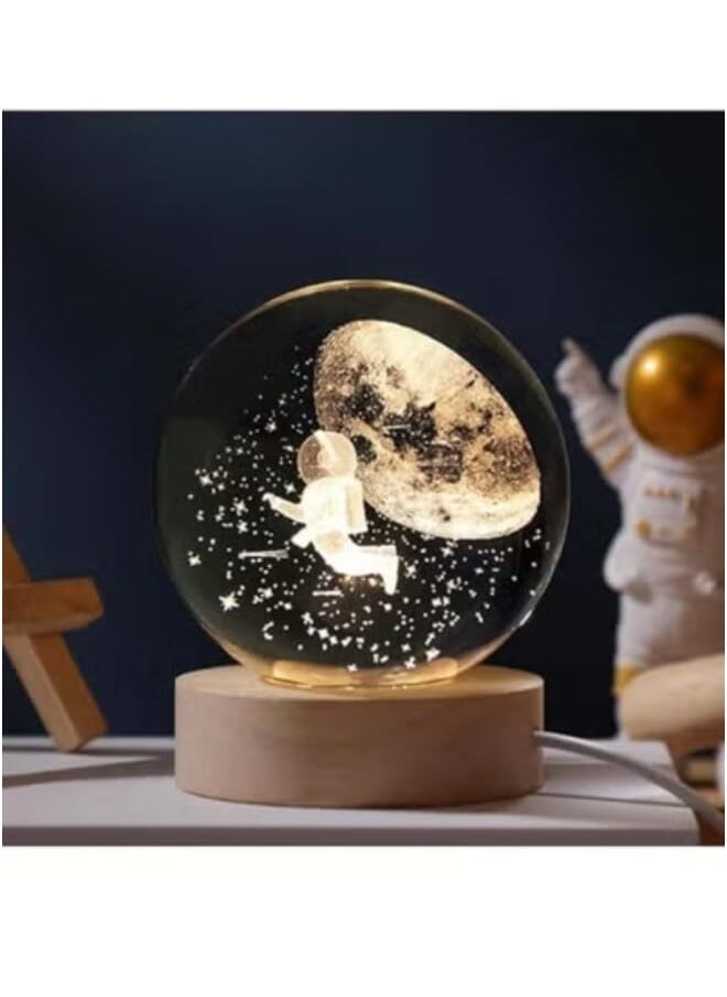 3D Crystal Ball LED Glass Night Light with Wooden Base Decor for Home Office Birthday Gift (Astronaut Shape)