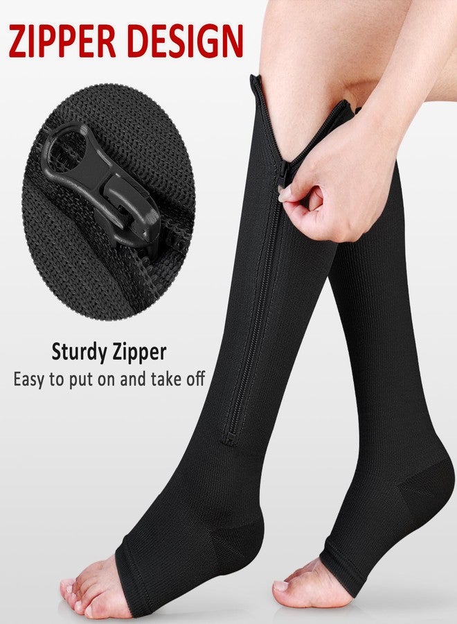Ailaka 3 Pairs Compression Socks with Zipper, 15-20 mmHg Medical Knee High Compression Socks for Men Women, Open Toe Socks for Varicose Veins, Edema, Recovery(Black, L-Xlarge) - Image 2