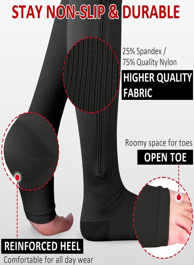 Ailaka 3 Pairs Compression Socks with Zipper, 15-20 mmHg Medical Knee High Compression Socks for Men Women, Open Toe Socks for Varicose Veins, Edema, Recovery(Black, L-Xlarge) - Image 3