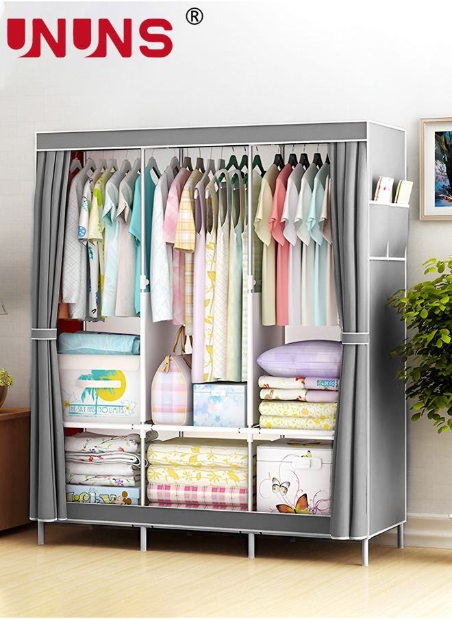 UNUNS Wardrobe Storage Closet,Fabric Clothes Organizer With Side Pockets,Zipper And Hanging Rail,Foldable Non-Woven Textile Storage Clothing Rack,Grey  - Image 1