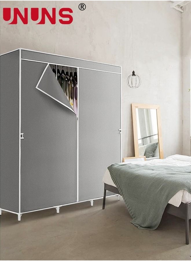 UNUNS Wardrobe Storage Closet,Fabric Clothes Organizer With Side Pockets,Zipper And Hanging Rail,Foldable Non-Woven Textile Storage Clothing Rack,Grey  - Image 3