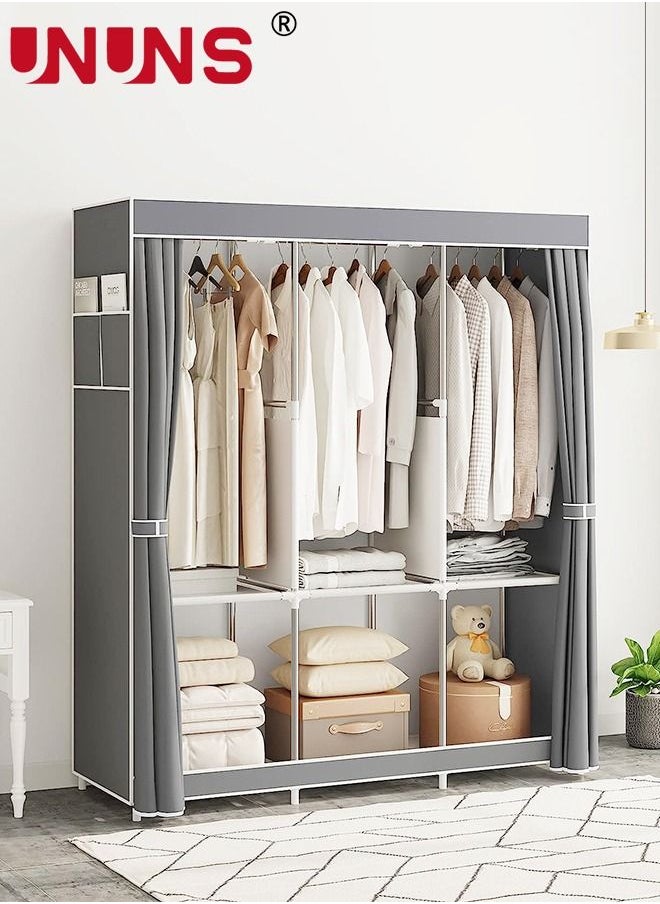 UNUNS Wardrobe Storage Closet,Fabric Clothes Organizer With Side Pockets,Zipper And Hanging Rail,Foldable Non-Woven Textile Storage Clothing Rack,Grey  - Image 2