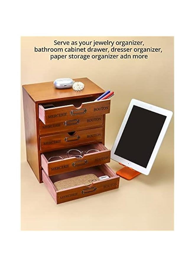 Arabest - Home Office Desk Organizer, Vintage Wooden Storage Box with 5 Storage Drawers, Rustic Desktop Organizer, Jewelry Cosmetics Organizer, Craft Paper Storage Apothecary Cabinet Organizer - Image 1