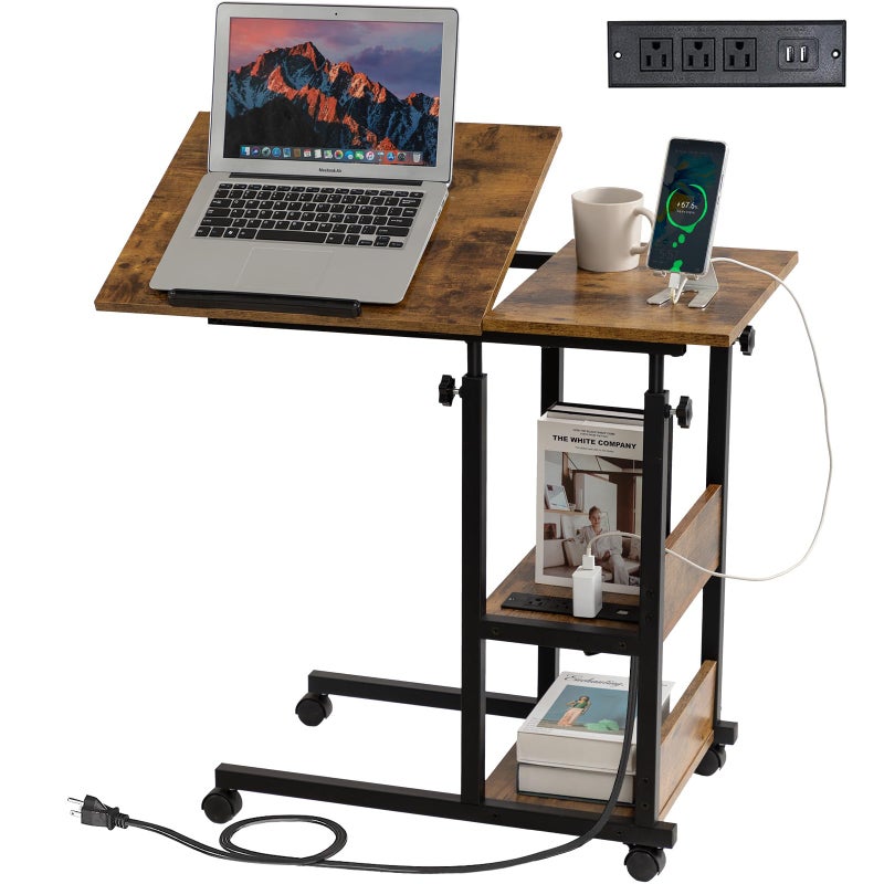 Hadulcet Adjustable C Table with Charging Station, Tiltable Desk C Shaped End Table for Couch, Over Bed Table with Wheels Adjustable Height, Hospital Table Laptop Stand Drawing Desk, Rustic Brown - Image 1