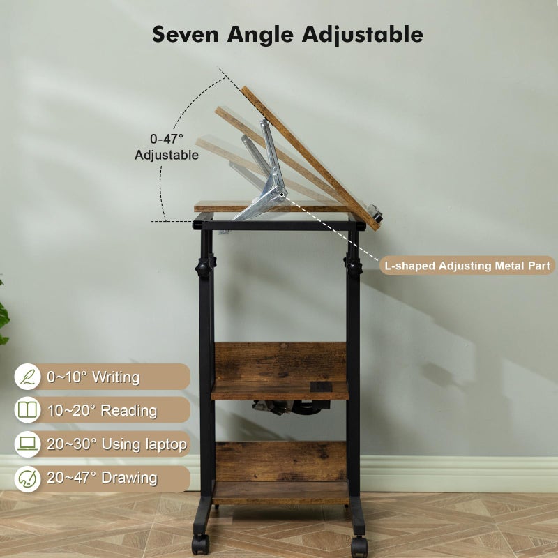 Hadulcet Adjustable C Table with Charging Station, Tiltable Desk C Shaped End Table for Couch, Over Bed Table with Wheels Adjustable Height, Hospital Table Laptop Stand Drawing Desk, Rustic Brown - Image 5