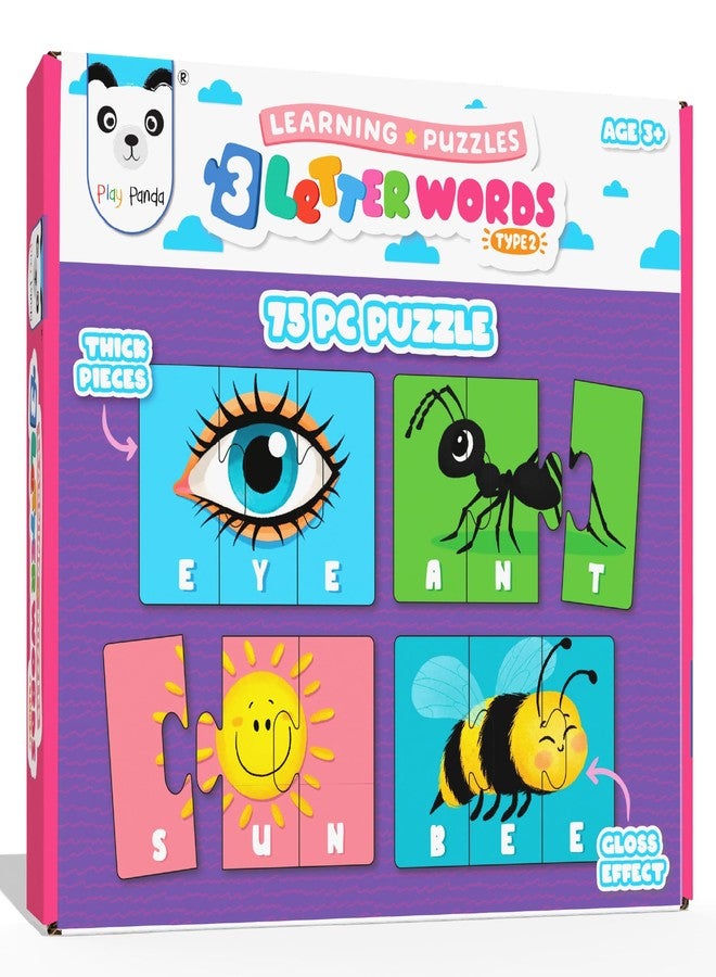 Play Panda Learning Puzzle 3 Letter Words, Type 2-75 Piece Spelling Puzzle Set with Spelling Guide, Word Puzzle Game for Kids, Letter Recognition and Early Reading Puzzle Game for Boys and Girls - Image 1