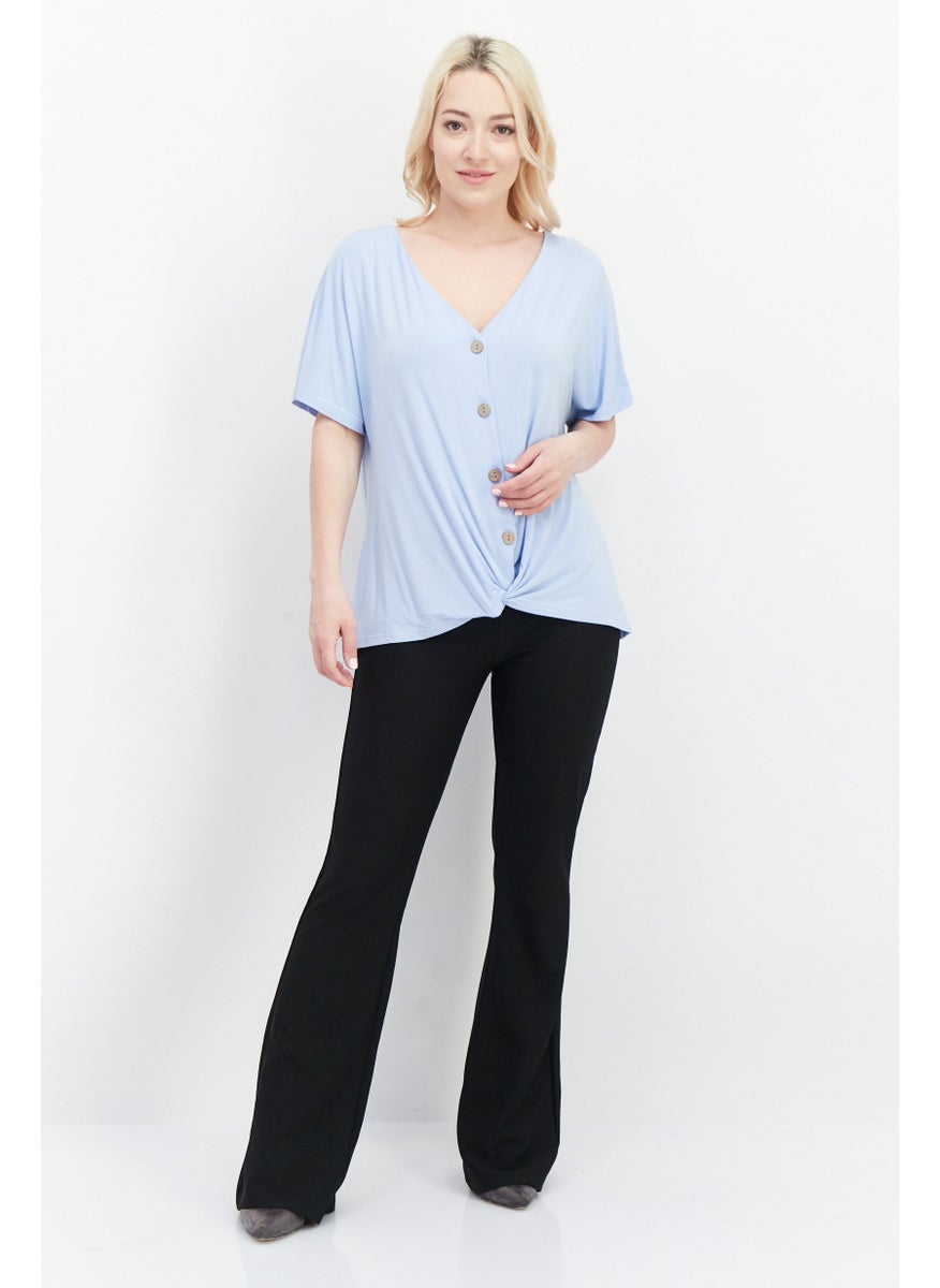 Women V Neck Short Sleeve Plain Top, Dusty Blue - pzsku/Z2C169C5CCAC6786DFDAEZ/45/_/1724351166/a4617e84-1925-425a-93ee-25dee65efaf3