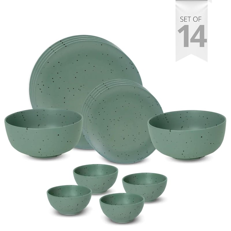 JCPL Fine Porcelain Grains Green Dinner Set Set of 14 for Family of 4 Ceramic Crockery Set Dinner Plates Kitchen Set for Home Dining Set for Dinner Microwave Dishwasher Safe Plates - Image 2