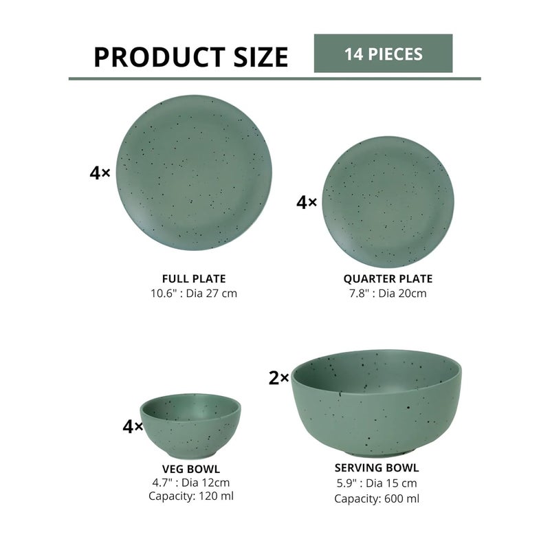 JCPL Fine Porcelain Grains Green Dinner Set Set of 14 for Family of 4 Ceramic Crockery Set Dinner Plates Kitchen Set for Home Dining Set for Dinner Microwave Dishwasher Safe Plates - Image 4