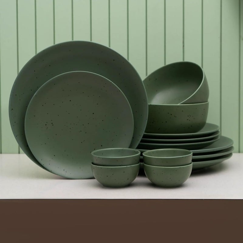 JCPL Fine Porcelain Grains Green Dinner Set Set of 14 for Family of 4 Ceramic Crockery Set Dinner Plates Kitchen Set for Home Dining Set for Dinner Microwave Dishwasher Safe Plates - Image 1