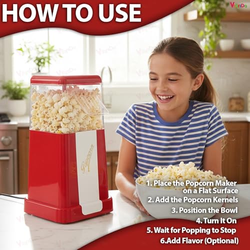 VikriDA Jumbo Size 2025 (𝟏 𝐘𝐞𝐚𝐫 𝐰𝐚𝐫𝐫𝐚𝐧𝐭𝐲) Hot-Air Electric Popcorn Maker, 8 Cups, Healthy Oil Free Popcorn with Measuring Scoop, Retro Red - Image 2