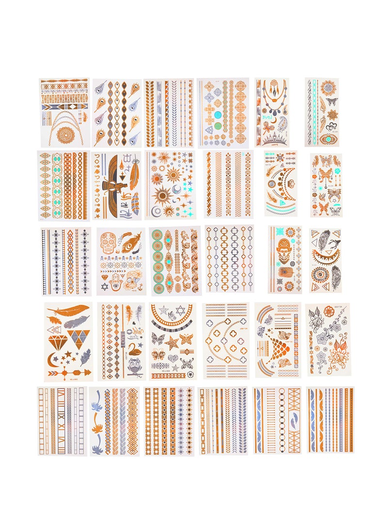 Salon Designs Temporary Metallic Tattoos VALUE PACK - 30 Different Sheets, 300+ Unique Gold, Silver and Turquoise Waterproof Tattoos w Extra Bright Colors- Long Lasting Designs Are Easy to Apply 
