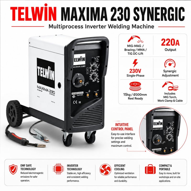 TELWIN Maxima 230 Synergic Multiprocess Inverter Welding Machine 230V With MIG-MAG, Flux, Brazing, MMA And TIG DC-Lift, 220A Output - Image 1