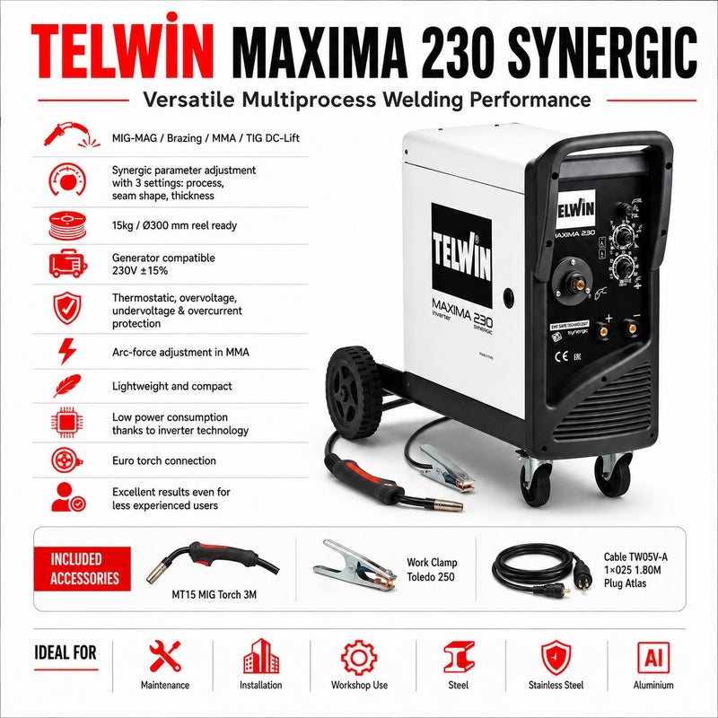 TELWIN Maxima 230 Synergic Multiprocess Inverter Welding Machine 230V With MIG-MAG, Flux, Brazing, MMA And TIG DC-Lift, 220A Output - Image 3